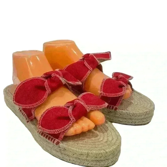 Loeffler Randall Women’s Red Jute Espadrille Sandals Two Bow Strap Size 41 - Picture 1 of 12